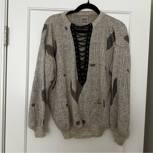 First of a Kind Upcycled Gray Sweater with Black Lace-Up Detail
